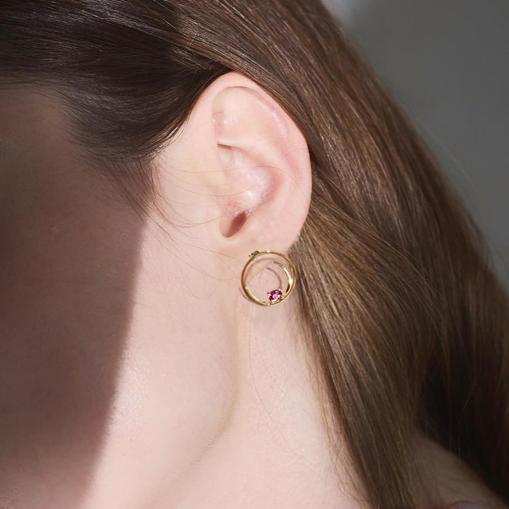 [ピンクトルマリン] Circle & float pierced earring